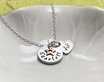 13th Birthday Name Necklace Personalised Necklace Heart Charm Rose Gold Star Charm Special Birthday Any 1 or 2 digit number