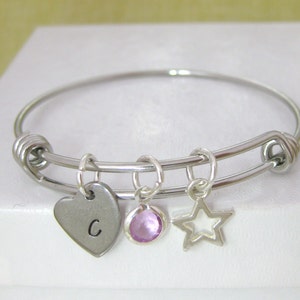 Girls Bangle Bracelet Personalised Initial Gift Heart, Star and Birthstone Charms Children's Jewely UK Seller