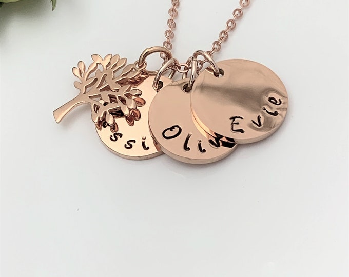 Family Tree Names Necklace 1, 2 or 3 Names Rose Gold Necklace Tree of Life Charm Mother's Day Gift Personalised Jewellery Gift UK Seller