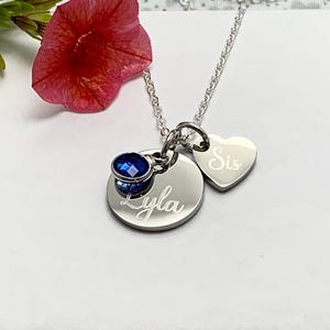 Personalised Sister Necklace: Engraved Name Disc & Birthstone Charm
