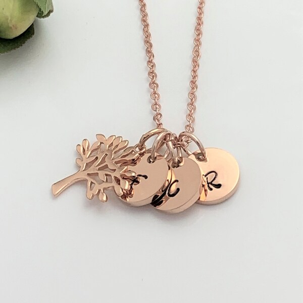 Family Tree and Initials Necklace Rose Gold 1, 2, 3,4 or 5 Initials Personalised Initials Necklace Gift Mother's Day Gift UK Seller