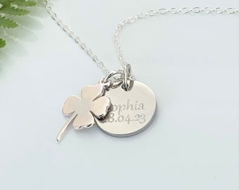 Four Leaf Clover Charm, Name and Date Necklace, Sterling silver four Leaf Clover Charm Good Luck Personalised Gift UK Seller