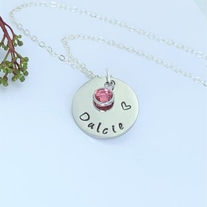 Name and Birthstone Necklace, Children&#39;s Jewellery, Personalised Birthday Gift, Best Friend Gift, Hand Stamped Disc, Birthstone Charm