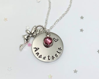 Girl's Personalised Jewellery Child's Name Necklace with Birthstone and Fairy Angel Charm Birthday party UK Seller