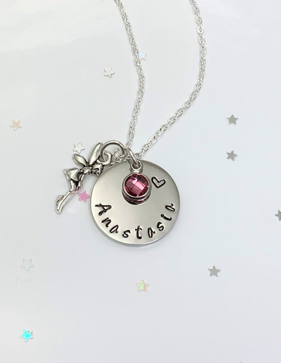 Girl's Personalised Necklace - Child's Name with a Birthstone and Fairy Angel Charm - Birthday - Christmas Stocking Filler