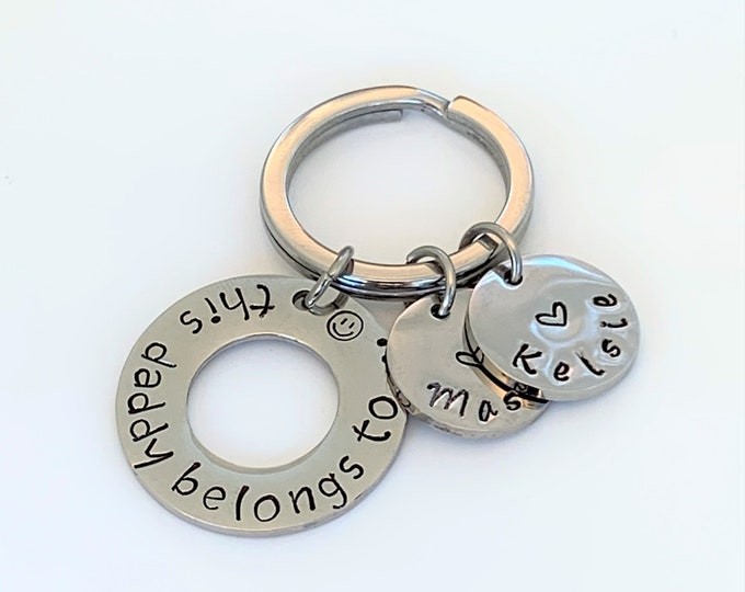 Daddy Key Ring, This Daddy Belongs To, Child Name Charms Personalised Gift Names Key Ring For Dad Personalised Jewellery UK Seller