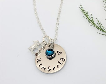 16th Birthday Name and Birthstone Necklace Gift, Personalised Name Disc, Jewellery Birthstone Charm, Milestone Birthday Gift UK Seller