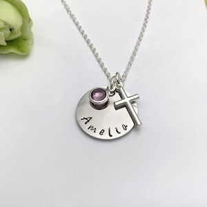 Personalised Jewellery Hand Stamped Name Necklace Cross Charm Birthstone Necklace Gift Boxed UK Seller