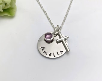 Personalised Jewellery Hand Stamped Name Necklace Cross Charm Birthstone Necklace Gift Boxed UK Seller
