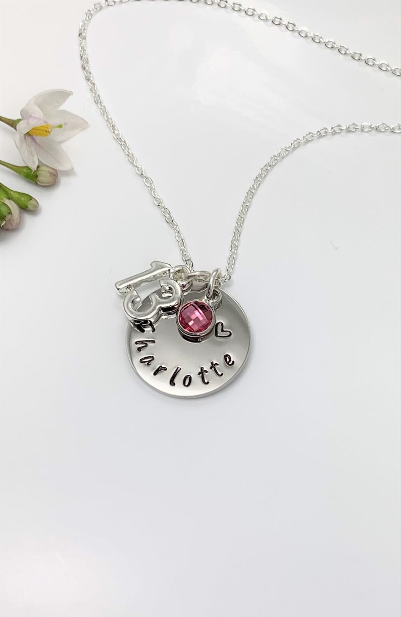 13th Birthday Name Necklace, Birthstone Charm Necklace, Hand Stamped Name Disc. Teenager Milestone Gift Personalised Jewellery UK Seller Bild 6