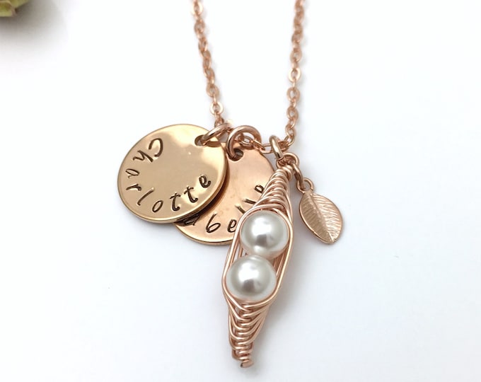 Rose Gold Peas in a Pod Necklace Pearl Peas Personalised Names Necklace Family Friends Mother's Day Gift Rose Gold Necklace Gift UK Seller
