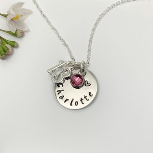 13th Birthday Name Necklace, Birthstone Charm Necklace, Hand Stamped Name Disc. Teenager Milestone Gift Personalised Jewellery UK Seller afbeelding 1