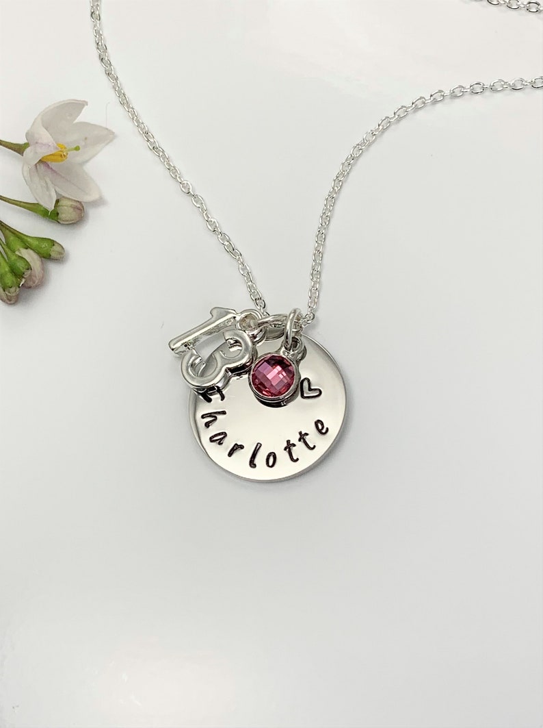 13th Birthday Name Necklace, Birthstone Charm Necklace, Hand Stamped Name Disc. Teenager Milestone Gift Personalised Jewellery UK Seller afbeelding 1