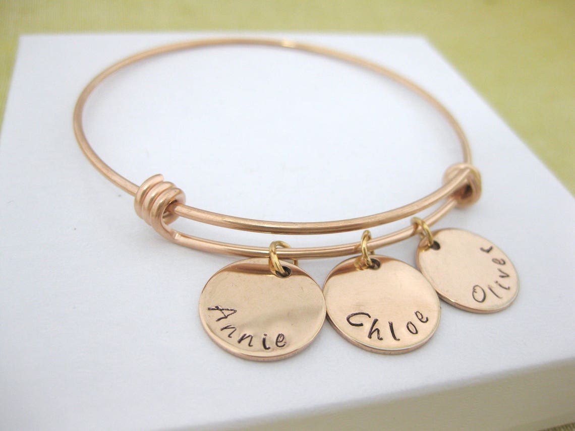 Personalised Rose Gold Bangle Names Bracelet Hand Stamped 1 Etsy