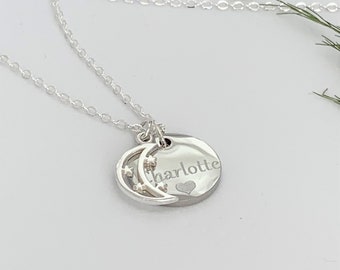 Name Moon and Star Charm Necklace Engraved Heart Silver Necklace Personalised Jewellery Personalised Valentine's Day Gift UK Seller