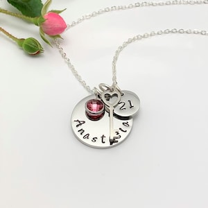 18th 21st Birthday Gift,  Name and Birthstone Necklace, Personalized Jewellery, Birthstone Key Necklace