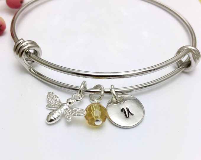 Silver Bangle Bracelet Personalised Initial Sterling Silver Bee Charm Necklace Honey Comb Bead Personalised Gift Ladies Gift UK Seller