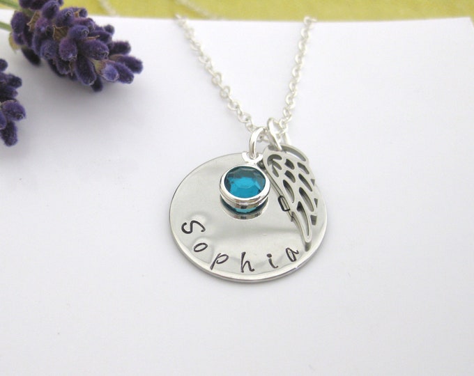 Personalized Gift Hand Stamped Name Necklace Birthstone Necklace Angel Wing Necklace Personalised Jewelry UK Seller