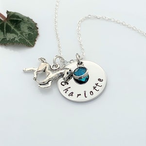 Personalised Name Necklace with Horse & Birthstone Charm Silver Plated Chain UK Seller