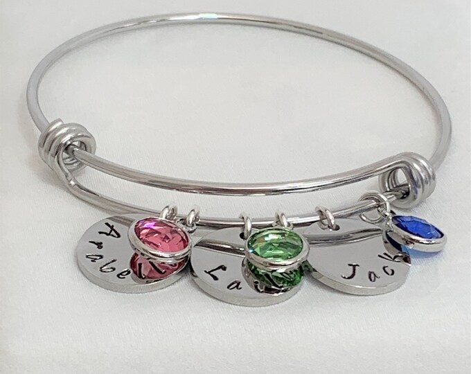 Family Names and Birthstones Personalised Bangle 1, 2, 3,4 or 5 Names & Birthstone Charms UK Seller