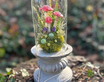 Red and White Amanita Mushroom Terrarium, Clay Toadstool Cloche, Cottage Core Sculpture