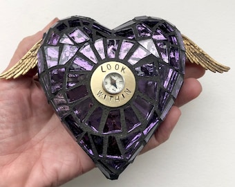 Look Within, Mosaic Heart w/ Wings, Violet Waves Mirror Glass, Sculptural Heart, Working Compass, Free Shipping, Purple Heart, Hand Made