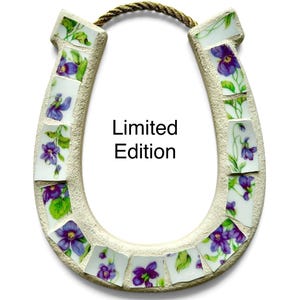 Horseshoe Mosaic, Equestrian Decor, Housewarming Gift, Horse Owner Gift, Wall Art Decor Violets /gold cord