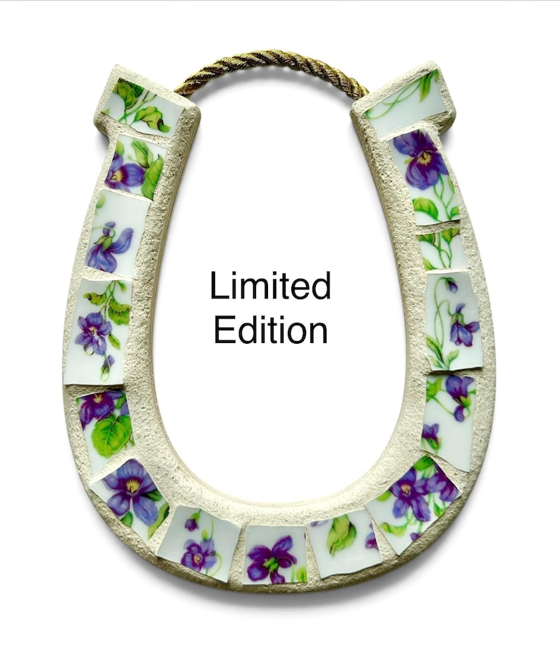 Horseshoe Mosaic, Equestrian Decor, Housewarming Gift, Horse Owner Gift, Wall Art Decor Violets /gold cord