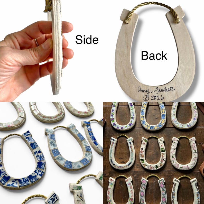 May include: Wooden horseshoe-shaped wall decor with a natural finish and a gold-colored rope for hanging. The back is signed "Amy L. Jancher &copy; 2026". Additional horseshoes feature mosaic tile designs in various colors and patterns.