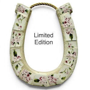 Horseshoe Mosaic, Equestrian Decor, Housewarming Gift, Horse Owner Gift, Wall Art Decor PinkHydrangea/gold