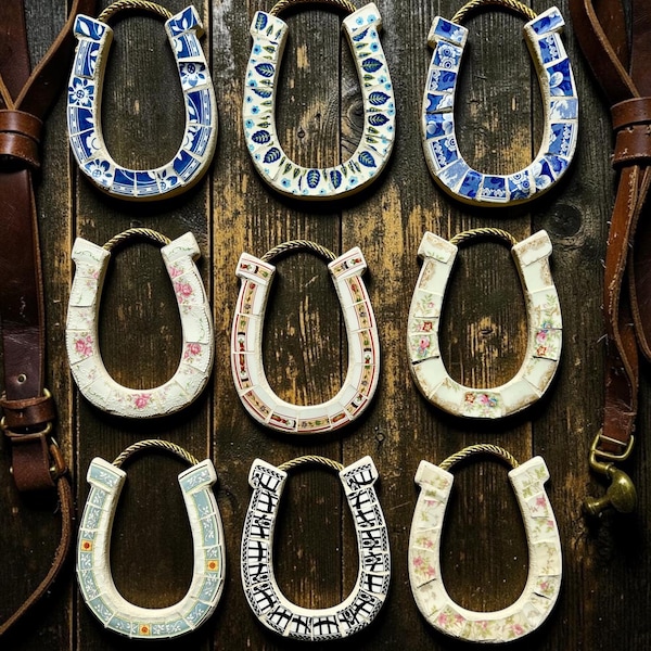 Horseshoe Mosaic Wall Art, Horse Decor, Affordable Housewarming Gift, Vintage China Horse Shoe