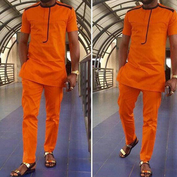 Orange African Clothing Ankara Mens Outfit Long Sleeve - Etsy