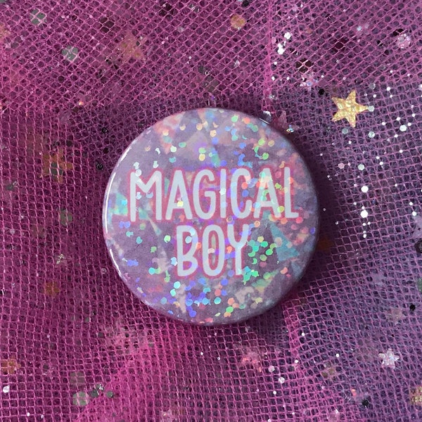 Magical Boy Holographic 38mm Pin Badge - Kawaii, Cute, Rainbow, Glitter, Pastel, Fairy Kei