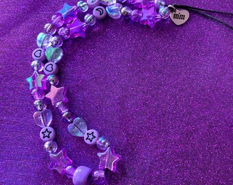 Lila Perlen Handyanhänger | Kawaii Ästhetik, magisch, irisierender Herzstern, Emo, Y2K, Telefonzubehör, Pastell Goth, niedlicher Anhänger