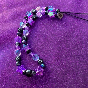 Black Purple Beaded Phone Strap Charm | Kawaii, Iridescent Heart Star, Emo, Pastel Goth, Y2K Aesthetic, Phone Accessories, Cute Phone Charm