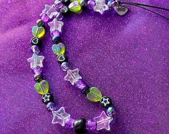 Creepy Cute Beaded Phone Strap Charm | Spooky Aesthetic, Iridescent Heart, Emo, Y2K Style, Phone Accessories, Pastel Goth, Halloween Charm