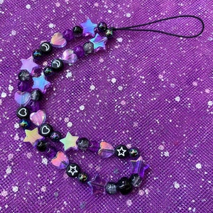 Black Purple Beaded Phone Strap Charm | Kawaii Aesthetic, Iridescent Heart Star Beads, Y2K Aesthetic, Phone Accessories, Cute Phone Charm