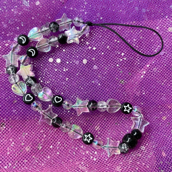 Black Crystal Beaded Phone Strap Charm | Kawaii Aesthetic, Iridescent Heart Star Beads, Y2K Aesthetic, Phone Accessories, Cute Phone Charm