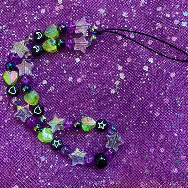 Creepy Cute Beaded Phone Strap Charm | Spooky Aesthetic, Iridescent Beads, Y2K Style, Phone Accessories, Pastel Goth, Halloween Phone Charm