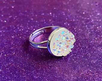 Iridescent Crystal Ring | Resin Stone, Rainbow AB, Sparkly Magical Vibes, Silver Ring, Stardust, Dainty Jewellery, Kawaii Ring, Adjustable