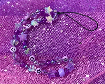 Purple Beaded Phone Strap Charm | Kawaii Aesthetic, Magical, Heart Star Beads, Y2K Fashion, Phone Accessories, Pastel Goth, Cute Phone Charm