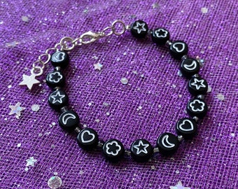 Black Symbol Bracelet | Love + Dreams Beaded Bracelet, Friendship Bracelet, Dainty Jewellery, Silver, Cute Bracelet, Emo Goth Jewellery