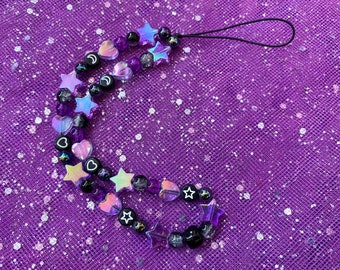 Black Purple Beaded Phone Strap Charm | Kawaii Aesthetic, Iridescent Heart Star Beads, Y2K Aesthetic, Phone Accessories, Cute Phone Charm