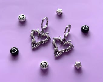 Silver Y2K Heart Earrings | Silver Huggie Hoops, Alternative Jewellery, Emo Gothic Earrings, Goth Jewellery, Edgy Y2K, Metalcore Aesthetic