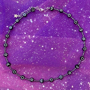 Black Beaded Symbol Necklace | Love + Dreams, Seed Bead Necklace, Cute, Dainty Necklace, Goth, Emo, Kawaii Aesthetic, Alternative Jewellery