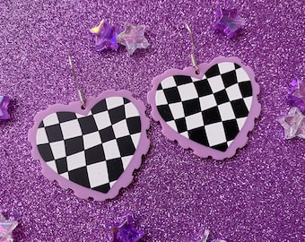 Not a Phase Heart Earrings | Emo Earrings, Pastel Goth, Checkered Heart, Harajuku, Alternative Jewellery, Egirl, Elder Emo, Kawaii Earrings