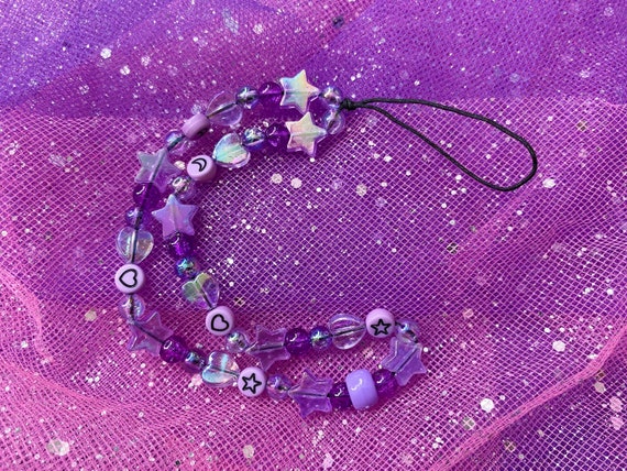 Purple Beaded Phone Strap Charm Kawaii Aesthetic, Magical, Heart Star  Beads, Y2K Fashion, Phone Accessories, Pastel Goth, Cute Phone Charm - Etsy