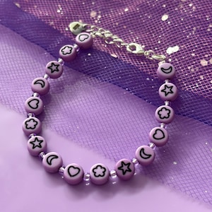 Lilac Symbol Bracelet | Love + Dreams Beaded Bracelet, Friendship Bracelet, Dainty Jewellery, Silver, Cute Bracelet, Emo Goth Jewellery