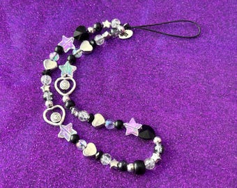 Black Crystal Beaded Phone Strap Charm | Iridescent, Hearts Stars, Magical, Silver, Emo Gothic Style, Y2K Aesthetic, Cute Phone Charm