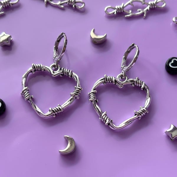 Barbed Wire Heart Earrings | Silver Huggie Hoops, Alternative Jewellery, Gothic Earrings, Goth Jewellery, Silver Hearts, Punk Emo Earrings